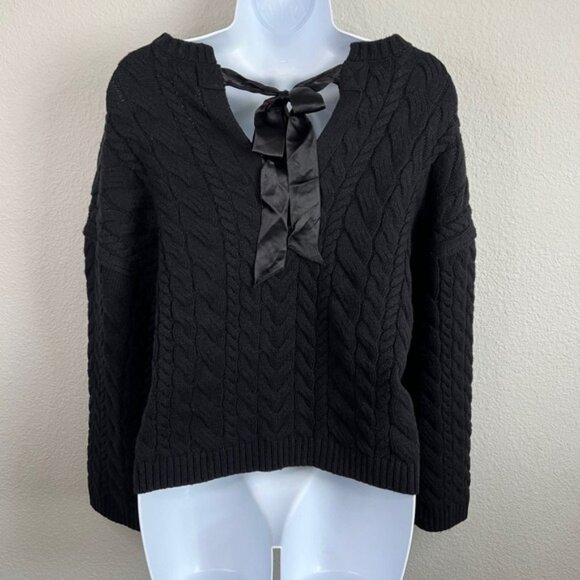 New J. Crew Cable Knit Sweater Women's S Black Tie Back Wool Blend Boxy Relaxed - Picture 4 of 7